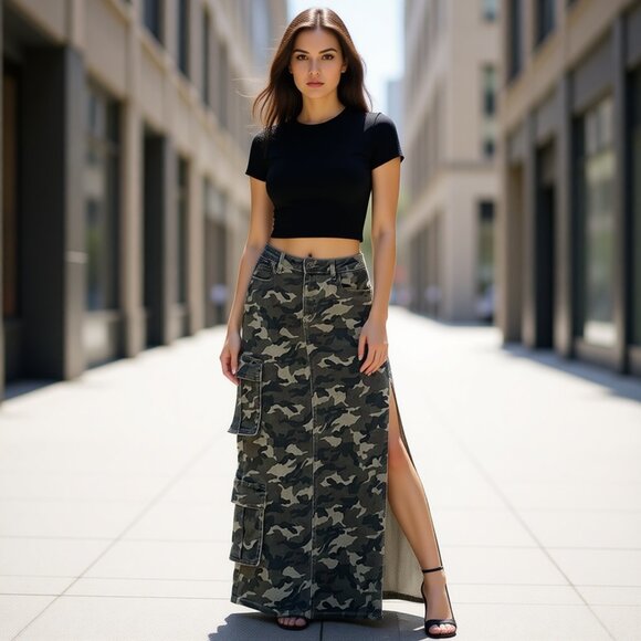 NEW! HIDDEN maxi camo cargo jean skirt high side slit M - Picture 3 of 14